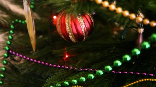 다양한 장난감과 구슬의 화환은 크리스마스 트리의 가지에 걸립니다 클로즈업 — 비디오
