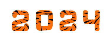 Kaplan 2024 yılı. Turuncu sayılar için neşeli bir yazı, tige derisi gibi siyah çizgili.