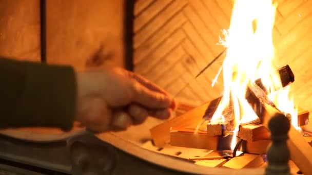 New Year Fireplace Left Hand Brings Sparkler Flame Fireplace Candle — Stock Video