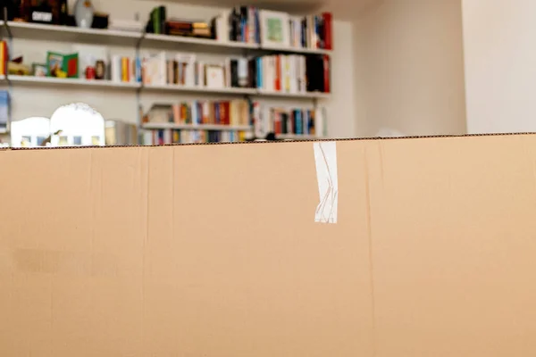 Oturma Odasında Büyük Bir Karton Paket Arkaplanda Raflar — Stok fotoğraf