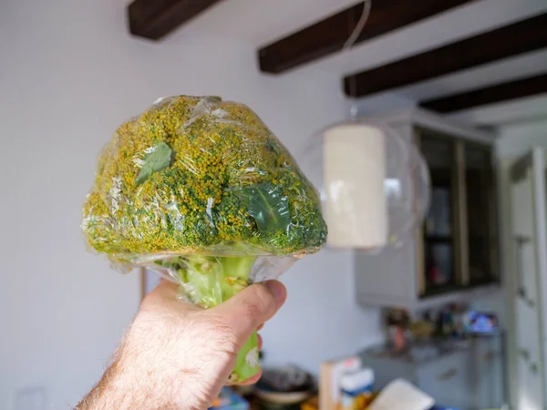 Tangan Memegang Brokoli Dalam Dapur Modern Dibungkus Dalam Film Perlindungan — Stok Foto
