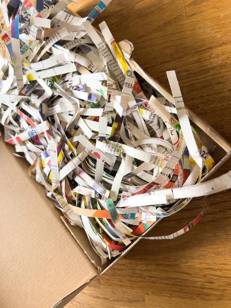 Pile Shredded Paper Documents Newspaper Cardboard Box — Stock Photo, Image