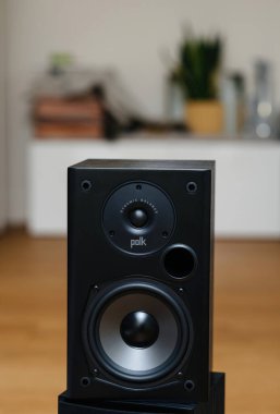 Paris, France - Dec 16, 2022: View from above of new POLK Dynamic Balance speaker system - unboxing unpacking of new hi-fi equipment