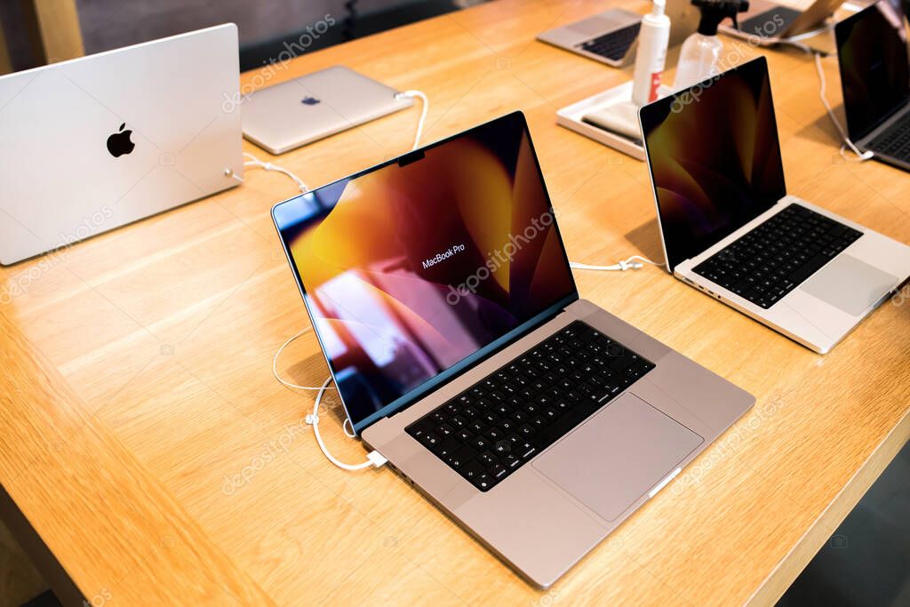 Paris, France - Oct 28, 2022: View from above Apple Computers MacBook Pro 16 inch with new CPU silicon M2X Pro - professional laptop