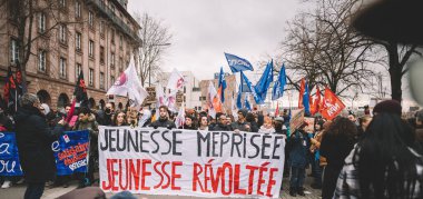 Strasbourg, France - Jan 19, 2023: Large crowd of young people at protest against the French governments planned pension reform to push the retirement age from 62 to 64 unions have called for mass
