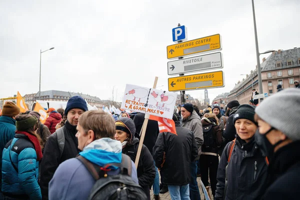 Strasbourg France Jan 2023 Seniors Placards Large Crowd Protest French — Foto Stock