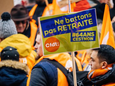 Strasbourg, France - 31 January 2023: Banner por politicians at second demonstration against the new pension reform to be presented next month by French Prime Minister Elisabeth Borne