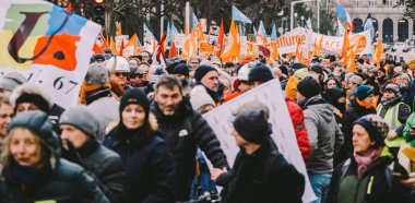Strasbourg, France - 31 January 2023: Thousands of people marching at second demonstration against the new pension reform to be presented next month by French Prime Minister Elisabeth Borne