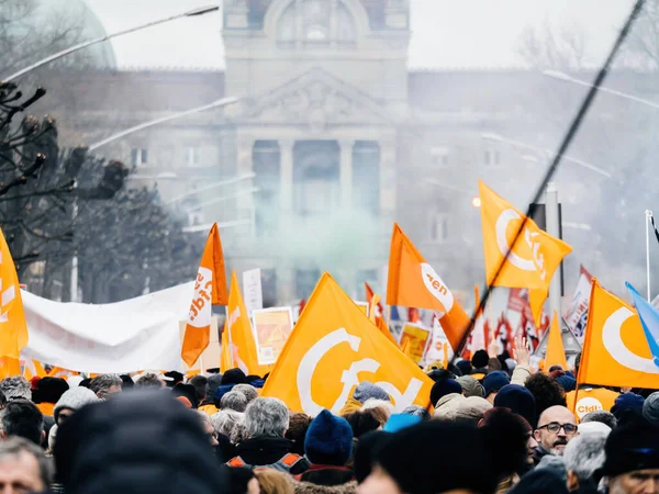 Strasbourg France January 2023 Cgt Flags Thousands People Second Demonstration — ストック写真