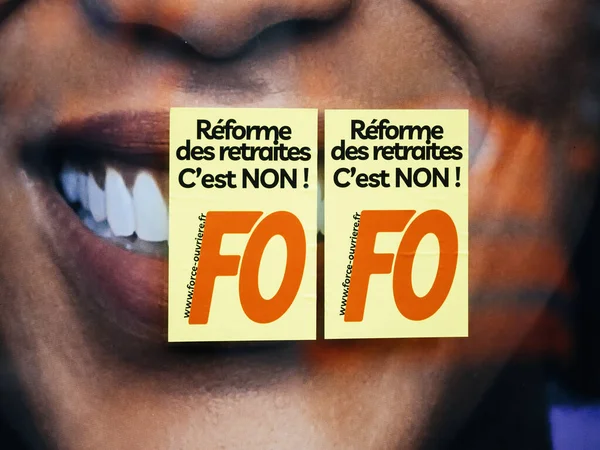 Strasbourg France January 2023 New Pension Reform Stikers Smiling Advertising — Foto de Stock