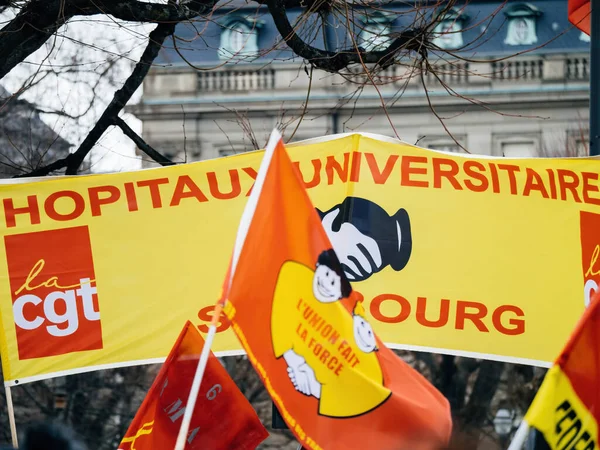 Strasbourg France January 2023 Hopitaux Strasbourg Yellow Banner Protest Second — Stock Photo, Image
