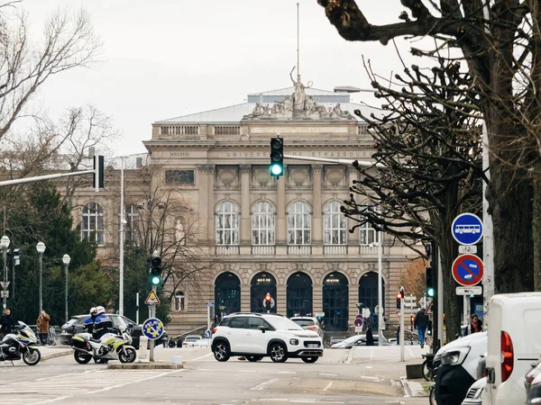 Strasbourg France January 2023 Police Motorcyeles Officers Front Univeristy Closeing — Stock Photo, Image
