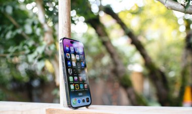 London, United Kingdom - Sept 28, 2022: Side view of new Apple Computers iPhone 14 pro on wooden surface with garden in background - retina oled display with new Dynamic island and all apps on home