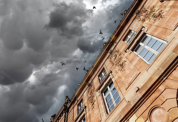 Dramatic storm clouds sky low angle view of stone facade decorated with diverse romantic bas relief and large crowd of pigeons flying on the blue sky background