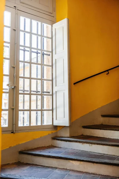 Majestic Stairs Staircase Old Hausmannian Building Large Window Covered Sun — Stock Photo, Image