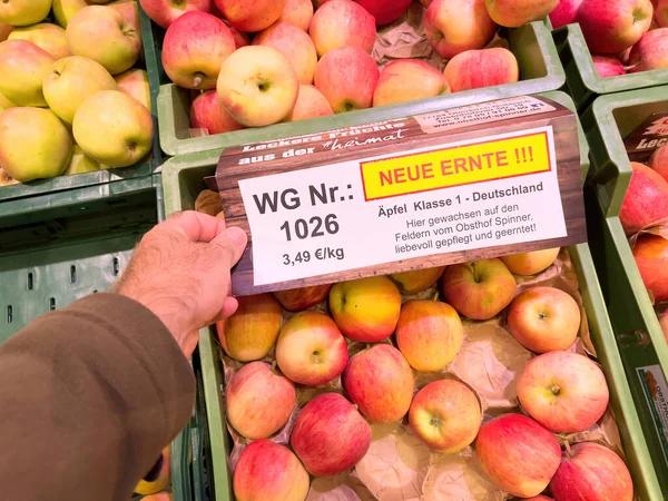 Germany Sep 2022 Pov Male Hand Buying Red Yellow Apples — Stock Photo, Image