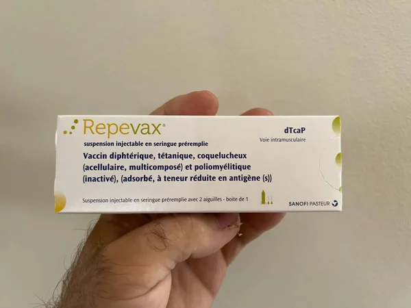 France May 2022 Pov Male Hand Holding Repevax Vaccine Package — Stock Photo, Image