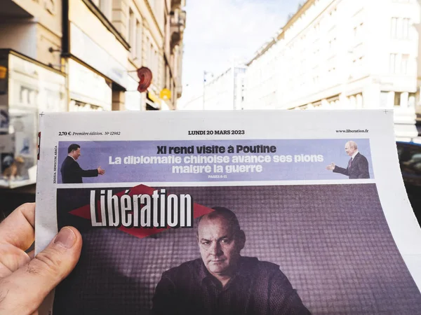Paris France Mar 2023 Male Hand Reading Liberation Newspaper French — Stock Photo, Image