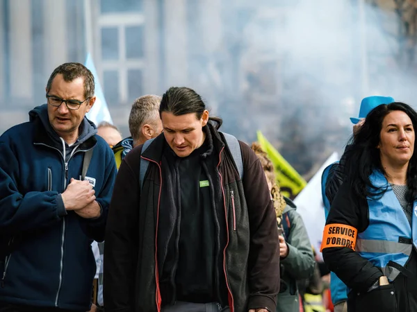 Strasborg France Mar 2023 Group Adults Marching Together Jackets Unite — Stock Photo, Image