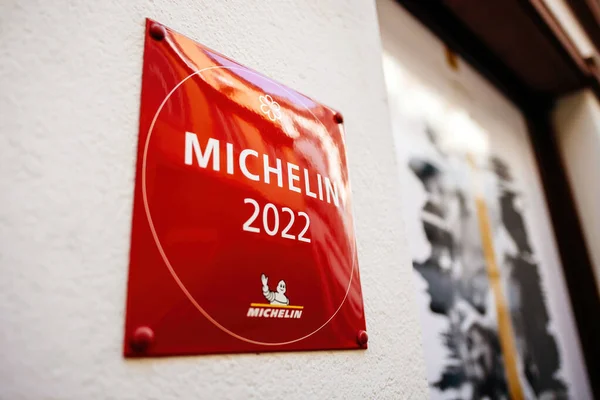 Strasbourg France Mar 2023 Red Award Logo Panel Featuring Michelin — Stock Photo, Image