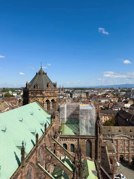 Aerial View Notre Dame Strasbourg Majestic Cathedral Historical Landmark Surrounded — Stock Photo, Image