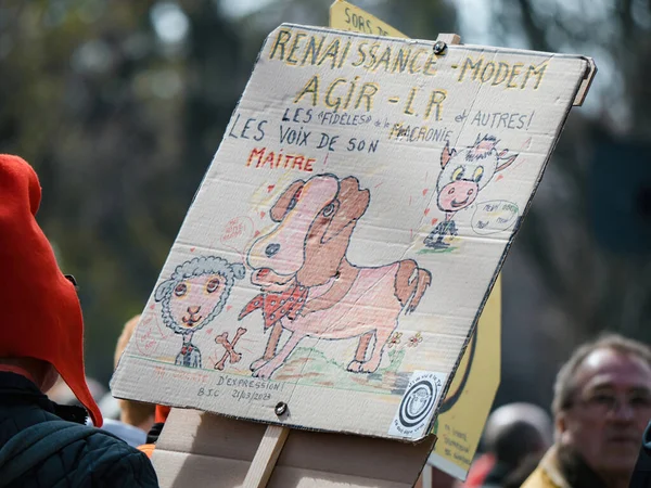 Strasborg France Mar 2023 Creative Placard Depicting Ongoing Weeks Protest — Stock Photo, Image