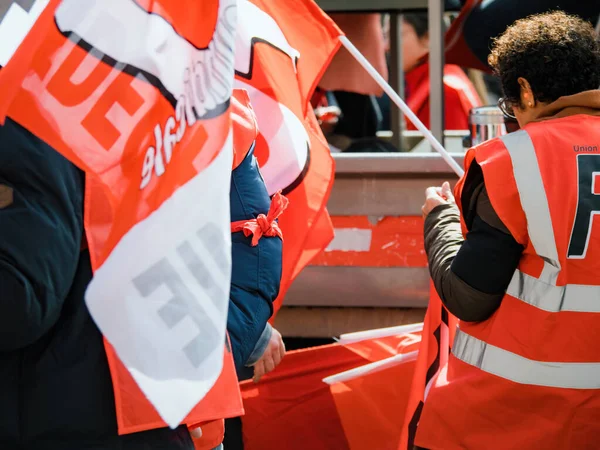 Strasborg France Mar 2023 Man Proudly Waves Two Red Flags — Stock Photo, Image