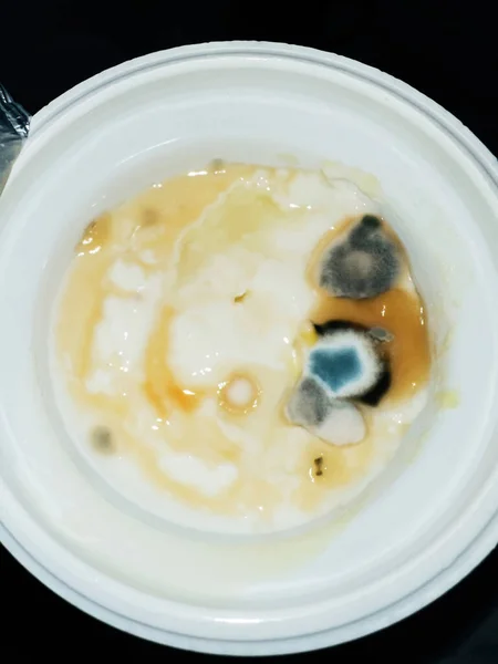 一盘旧的酸奶放在黑色的背景上 里面的东西被里面形成的霉菌污染了 冰箱里被遗忘的早餐 — 图库照片