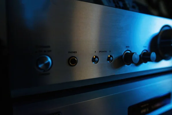 Close Multi Channel Audio Equipment Features Multiple Knobs Direct Buttons — Stock Photo, Image