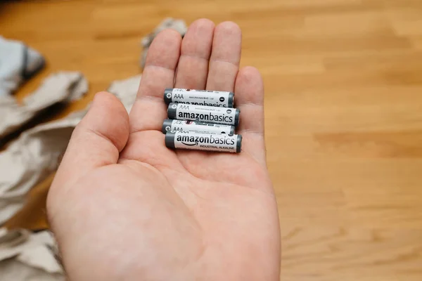 Paris France May 2023 Man Holds Pack Industrial Grade Batteries — Stock Photo, Image
