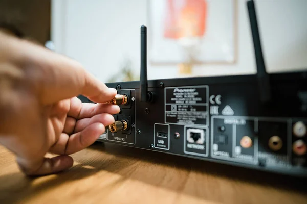 Frankfurt Germany Jan 2023 Person Unboxing Pioneer 50Dab Network Receiver — Stock Photo, Image