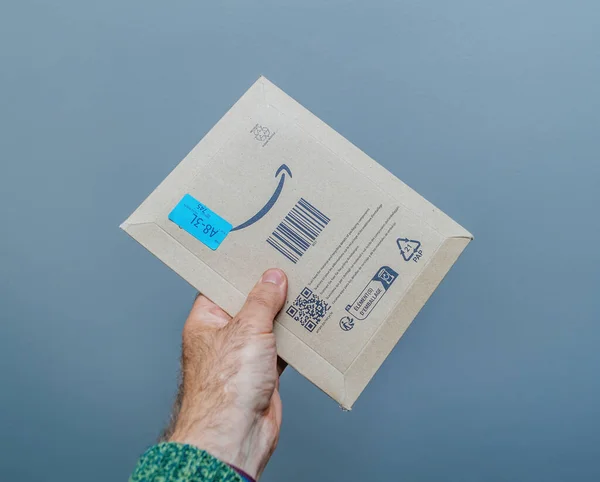 Lyon France May 2023 Persons Hand Holding Amazon Prime Parcel — Stock Photo, Image