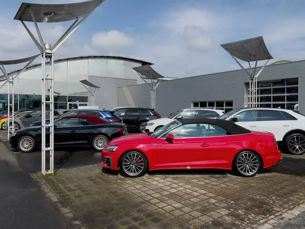 Germany May 2023 Luxurious Red Sports Car Sits German Dealership — Stock Photo, Image