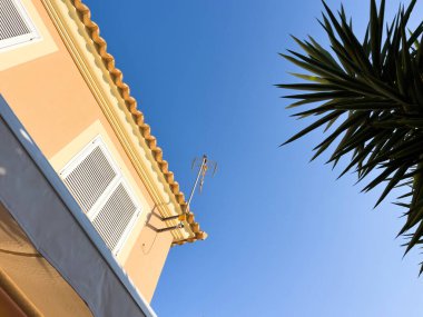 Açık mavi gökyüzü tarafından çerçevelenmiş görkemli bir mimari mucize. Palmiye ağacı tropikal cazibe katar. Emlak projeleri ve yatırım projeleri için ideal - kopya alanı ile düşük açı görünümü