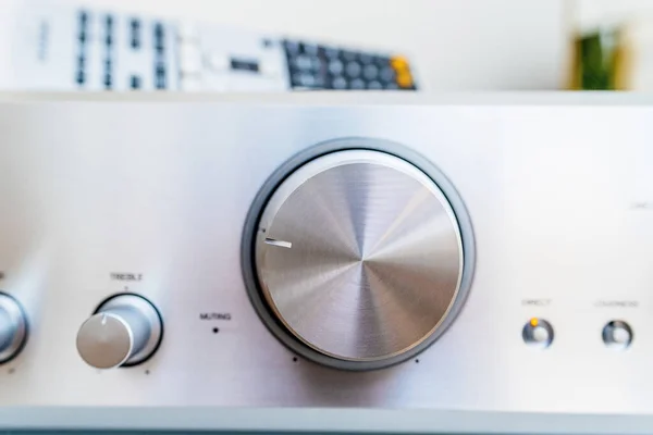 Verbesserung Des Audioerlebnisses Mit Aluminium Gerät Nahaufnahme Des Lautstärkereglers Für — Stockfoto