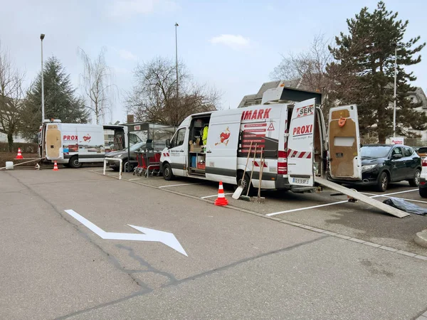 Strasbourg France Feb 2023 White Thermoplastic Road Marking Van Machine — Stock Photo, Image