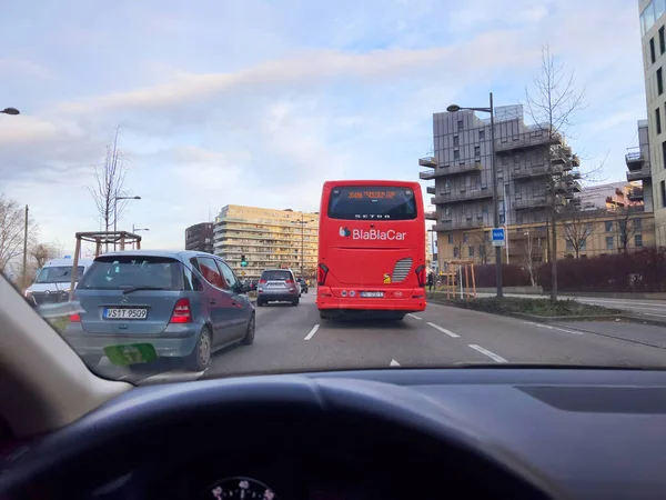 Strasbourg France Feb 2023 Driver Looking Red Blablacar Bus Driving — Stock Photo, Image