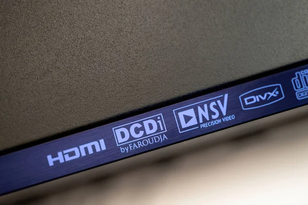 Hamburg Germany Feb 2023 Detail Yamaha Dvd Sacd Player Logotypes — Stock Photo, Image