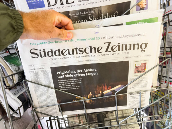 Paris, France - Aug 26, 2023: German Suddeutsche Zeitung newspaper cover - worldwide press coverage of warlords and Wagner Group founders Yevgeny Prigozhin and Dmitry Utkin death in a plane that