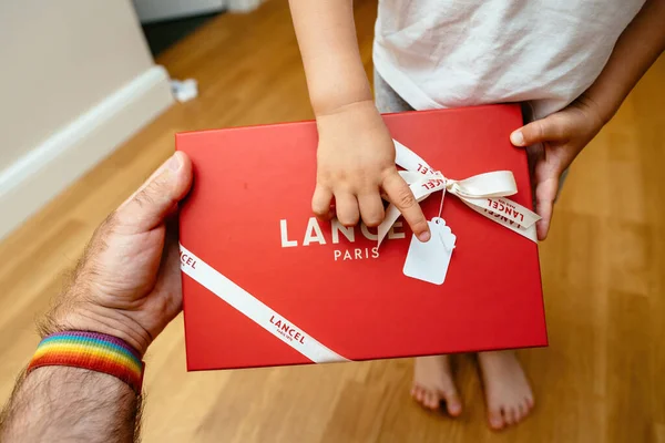 Paris France Aug 2023 Toddler Hand Pointing Red Lancel Fashion — Stock Photo, Image