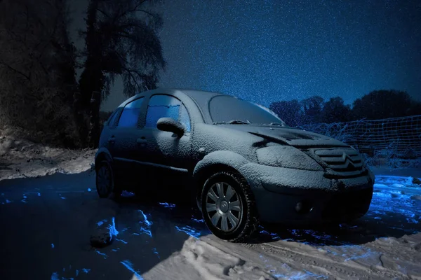 Strasbourg France Dec 2022 Citroen Car Covered Snow Tempest Night — Stock Photo, Image
