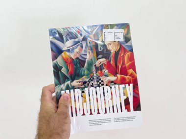 Paris, France - Sep 18, 2023: A male hand is shown holding the Midjourney official magazine, which is still wrapped in its original plastic packaging, indicating its brand-new and yet to be explored clipart