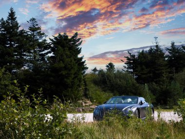 Mummelsee, Almanya - 17 Eylül 2023: Üstü açılabilir bir Bentley arabası arka planda köknar ağaçları tarafından çerçevelenmiş, lüks ve doğal güzelliğin yan yana getirildiği bir yere park edilmiştir.
