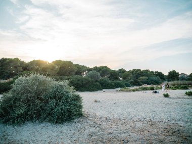 Mallorca, İspanya - 26 Haziran 2023: Gün batımında Mallorcas 'ın mavi saatinde, kadın bir fotoğrafçı bir çifti aile fotoğrafında ustalıkla yönlendirir, büyüleyici ve unutulmaz görüntüler sağlar.