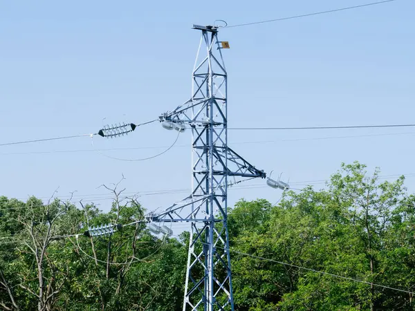 A towering electricity pylon supports high-voltage lines, crucial for the transmission of ecologically generated wind power to homes and businesses
