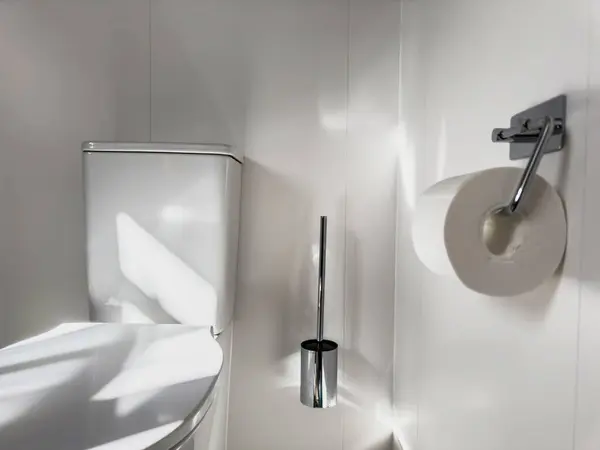 现代浴室 有光滑的铬厕纸架 刷子和瓷制厕所 — 图库照片