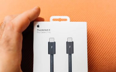Paris, Fransa - 3 Kasım 2023: En son Apple Computers Thunderbolt Pro kablosunu tutan bir erkeğin yakın çekimi, 1 metre uzunluğunda, tekstil kırmızı arka planına karşı