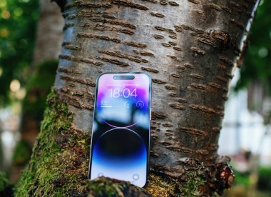 Londra, Birleşik Krallık - 28 Eylül 2022: Bir Apple iPhone 14 Pro akıllı telefonu kiraz ağacına yerleştirilmiş, OLED ekran ve benzersiz Dinamik Ada, doğayla harmanlanmış teknoloji
