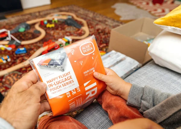 Munich Germany Sep 2023 Pov Father Son Unboxing Alife Design — Stock Photo, Image