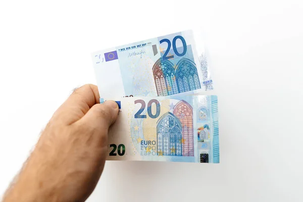 Paris France Oct 2023 Two Euro Banknotes White Wall Background — Stock Photo, Image